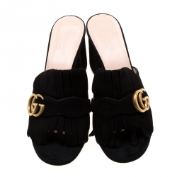 Pre Owned Gucci Black Suede Leather GG Marmont Fringe Mules Size 37