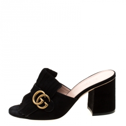 Pre Owned Gucci Black Suede Leather GG Marmont Fringe Mules Size 37