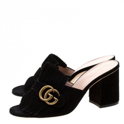 Pre Owned Gucci Black Suede Leather GG Marmont Fringe Mules Size 37