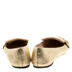 Pre Owned Gucci Metallic Gold Foil Leather GG Marmont Fringe Detail Flats Size 37