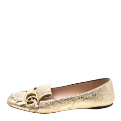 Pre Owned Gucci Metallic Gold Foil Leather GG Marmont Fringe Detail Flats Size 37