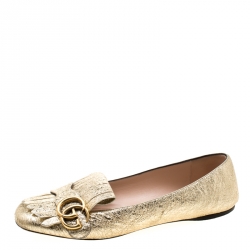 Pre Owned Gucci Metallic Gold Foil Leather GG Marmont Fringe Detail Flats Size 37