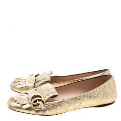 Pre Owned Gucci Metallic Gold Foil Leather GG Marmont Fringe Detail Flats Size 37