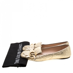 Pre Owned Gucci Metallic Gold Foil Leather GG Marmont Fringe Detail Flats Size 37