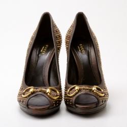 Pre Owned Gucci Brown Leather New Hollywood Studded Horsebit Peep Toe Pumps Size 39