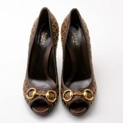 Pre Owned Gucci Brown Leather New Hollywood Studded Horsebit Peep Toe Pumps Size 39