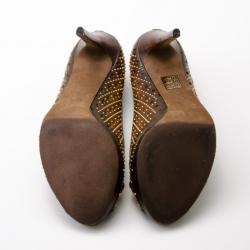 Pre Owned Gucci Brown Leather New Hollywood Studded Horsebit Peep Toe Pumps Size 39