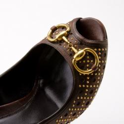 Pre Owned Gucci Brown Leather New Hollywood Studded Horsebit Peep Toe Pumps Size 39