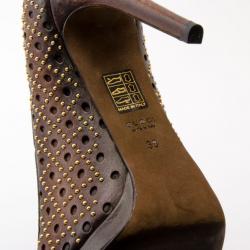 Pre Owned Gucci Brown Leather New Hollywood Studded Horsebit Peep Toe Pumps Size 39
