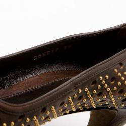 Pre Owned Gucci Brown Leather New Hollywood Studded Horsebit Peep Toe Pumps Size 39