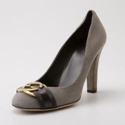 Pre Owned Gucci Dark Grey Suede Interlocking G Buckle Pumps Size 38.5