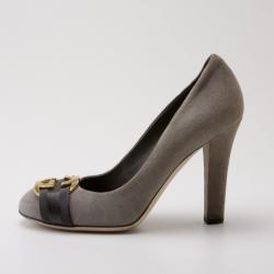 Pre Owned Gucci Dark Grey Suede Interlocking G Buckle Pumps Size 38.5