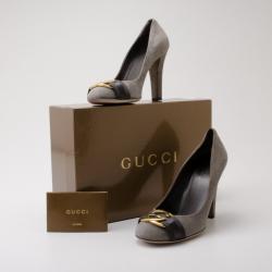 Pre Owned Gucci Dark Grey Suede Interlocking G Buckle Pumps Size 38.5