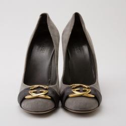 Pre Owned Gucci Dark Grey Suede Interlocking G Buckle Pumps Size 38.5