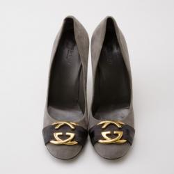Pre Owned Gucci Dark Grey Suede Interlocking G Buckle Pumps Size 38.5