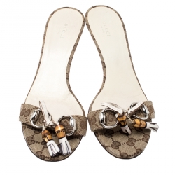 مملوكة مسبقًا حذاء سلايد غوتشي كانفاس GG بيج بامبو بشراشيب هورسبيت مقاس 41