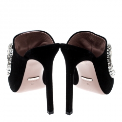 Pre Owned Gucci Black Suede Maxime Crystal Icon Bit Peep Toe Mules Size 38