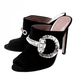 Pre Owned Gucci Black Suede Maxime Crystal Icon Bit Peep Toe Mules Size 38