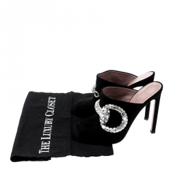 Pre Owned Gucci Black Suede Maxime Crystal Icon Bit Peep Toe Mules Size 38
