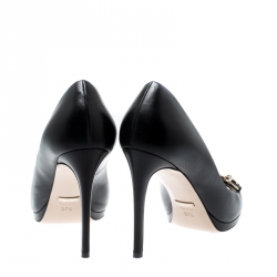 Pre Owned Gucci Black Leather New Hollywood Horsebit Peep Toe Pumps Size 37.5