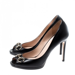 Pre Owned Gucci Black Leather New Hollywood Horsebit Peep Toe Pumps Size 37.5