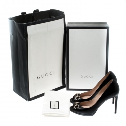 Pre Owned Gucci Black Leather New Hollywood Horsebit Peep Toe Pumps Size 37.5
