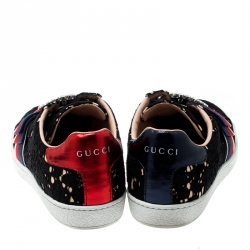Gucci Black Lace/Satin Ace Web Crystal Embellished Sneakers Size 38.5