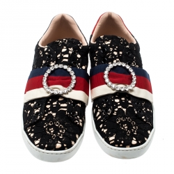 Gucci Black Lace/Satin Ace Web Crystal Embellished Sneakers Size 38.5