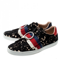 Gucci Black Lace/Satin Ace Web Crystal Embellished Sneakers Size 38.5