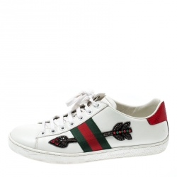 Pre Owned Gucci White Leather Ace Embroidered Arrow Appliqué Low Top Sneakers Size 38