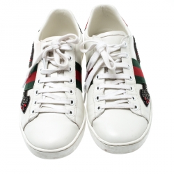 Pre Owned Gucci White Leather Ace Embroidered Arrow Appliqué Low Top Sneakers Size 38