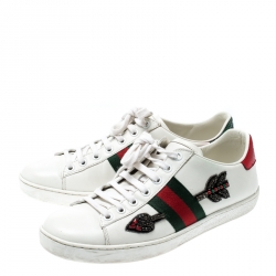 Pre Owned Gucci White Leather Ace Embroidered Arrow Appliqué Low Top Sneakers Size 38