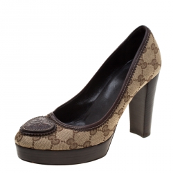 Pre Owned Gucci Beige GG Canvas Hysteria Logo Platform Block Heel Pumps Size 38