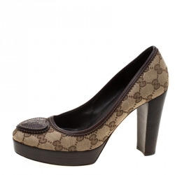 Pre Owned Gucci Beige GG Canvas Hysteria Logo Platform Block Heel Pumps Size 38