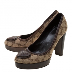 Pre Owned Gucci Beige GG Canvas Hysteria Logo Platform Block Heel Pumps Size 38