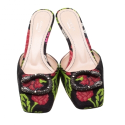 مملوكة مسبقًا Gucci Black Floral Brocade Fabric Dionysus Square Toe Slip On Mules Size 37.5