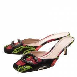 مملوكة مسبقًا Gucci Black Floral Brocade Fabric Dionysus Square Toe Slip On Mules Size 37.5