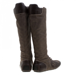 Pre Owned Gucci Brown Leather And GG Canvas Knee High Lace Up Boots Size 38.5