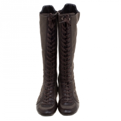 Pre Owned Gucci Brown Leather And GG Canvas Knee High Lace Up Boots Size 38.5