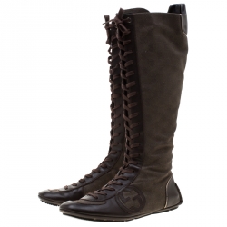 Pre Owned Gucci Brown Leather And GG Canvas Knee High Lace Up Boots Size 38.5