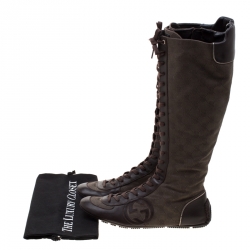 Pre Owned Gucci Brown Leather And GG Canvas Knee High Lace Up Boots Size 38.5