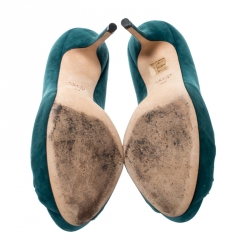 Pre Owned Gucci Deep Green Suede Double Bow Peep Toe Platform Pumps Size 37