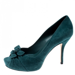Pre Owned Gucci Deep Green Suede Double Bow Peep Toe Platform Pumps Size 37