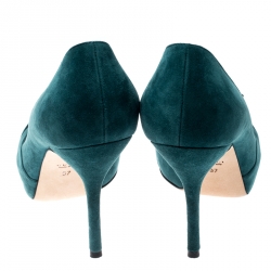 Pre Owned Gucci Deep Green Suede Double Bow Peep Toe Platform Pumps Size 37