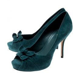 Pre Owned Gucci Deep Green Suede Double Bow Peep Toe Platform Pumps Size 37