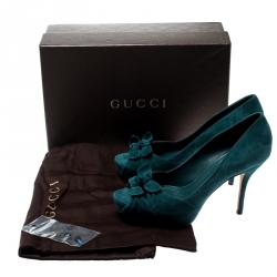 Pre Owned Gucci Deep Green Suede Double Bow Peep Toe Platform Pumps Size 37