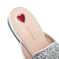 Pre Owned Gucci Silver Glitter Leather Princetown Flat Slide Loafers Size 40.5