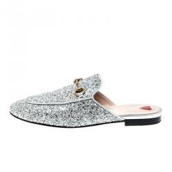 Pre Owned Gucci Silver Glitter Leather Princetown Flat Slide Loafers Size 40.5