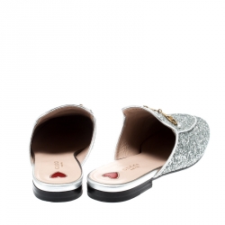 Pre Owned Gucci Silver Glitter Leather Princetown Flat Slide Loafers Size 40.5