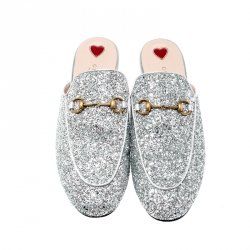 Pre Owned Gucci Silver Glitter Leather Princetown Flat Slide Loafers Size 40.5